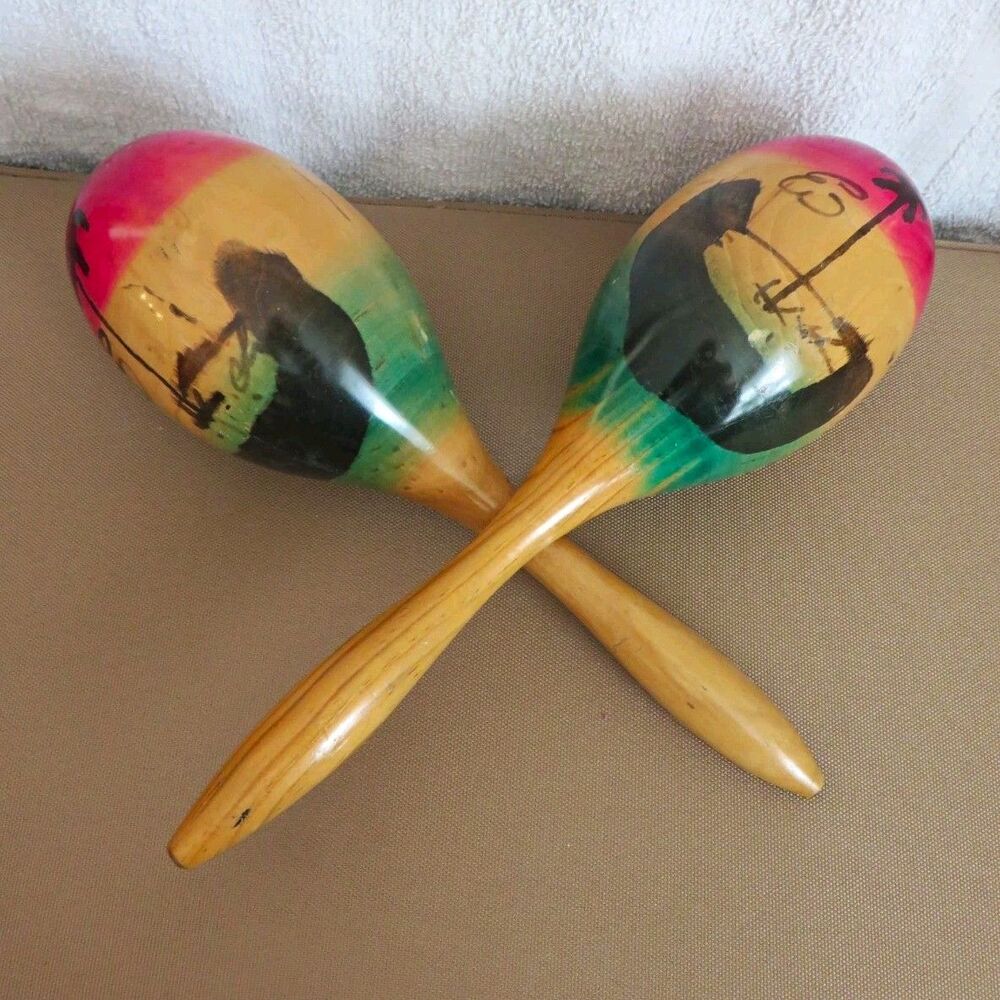 Vintage Hand Painted Wooden Maracas Shakers Pair (2) Multicolor, 11 in x 3 in
